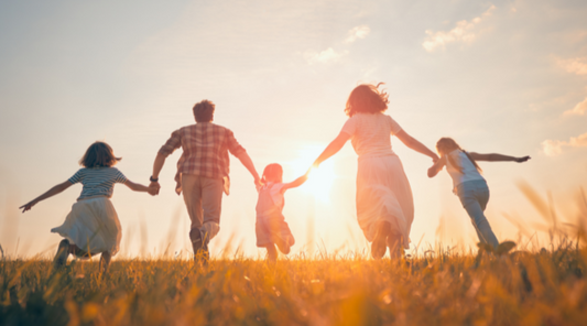 Familie läuft Hand in Hand durch eine sonnige Wiese bei Sonnenuntergang – Symbol für Freiheit, Zusammenhalt und Lebensfreude.
