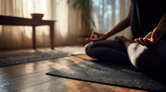 Person meditiert im Schneidersitz auf Yogamatte