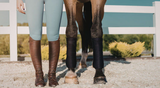 Reiterin steht neben Pferd mit Reitstiefeln und Bandagen