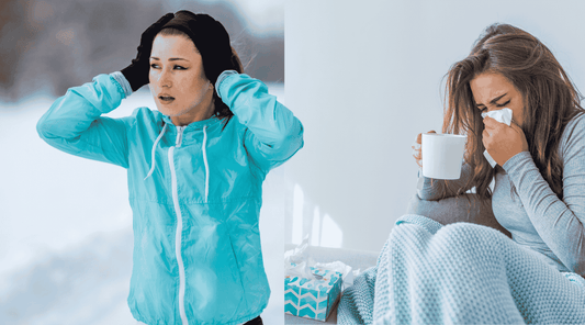 Links: Frau im Winteroutfit hält sich die Ohren und schaut erschöpft; rechts: Frau sitzt mit einer Decke und einer Tasse auf dem Sofa, schnäuzt sich die Nase, umgeben von Taschentüchern – Darstellung von Sport und Erholung bei Erkältung.
