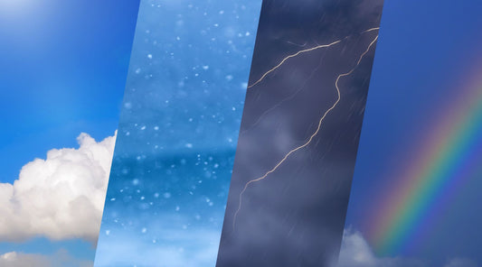 Wetterwechsel mit Sonne, Schnee, Gewitter und Regenbogen