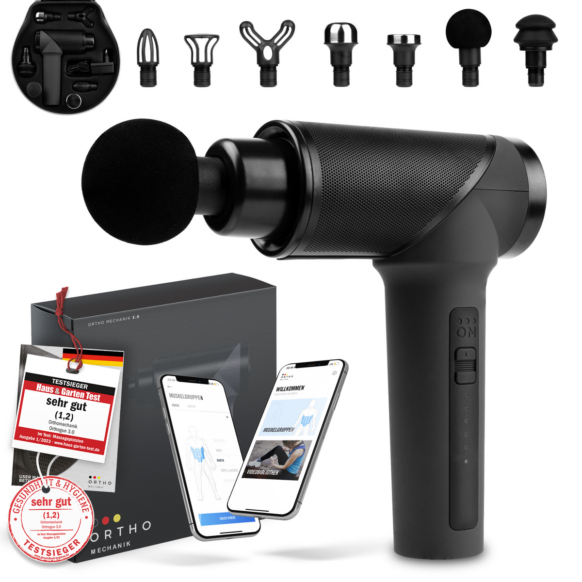 OrthoMechanik OM 3.0 (OrthoGun) Massagepistole mit Aufsätzen – 7-facher Testsieger