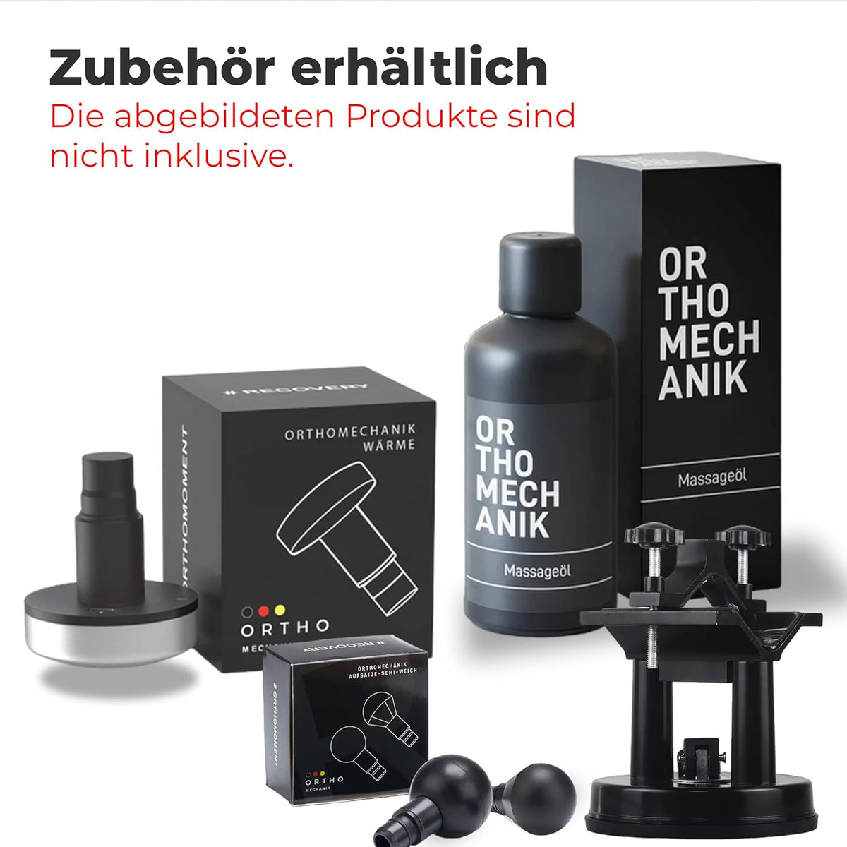 Zubehör zur OrthoGun 3.0 Massagepistole, Massageöl und Aufsätze.