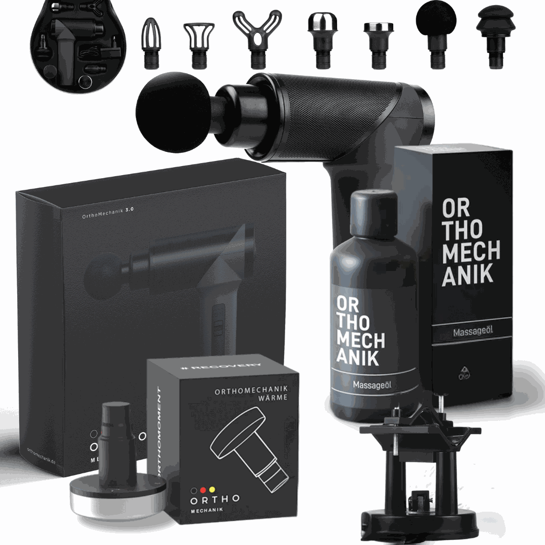 inclusive Paket massage gun and accessories set with interchangeable heads and massage oil.
