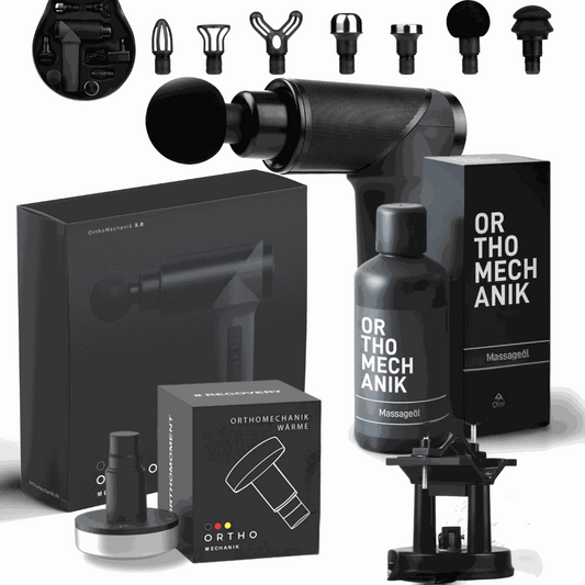 inclusive Paket massage gun and accessories set with interchangeable heads and massage oil.