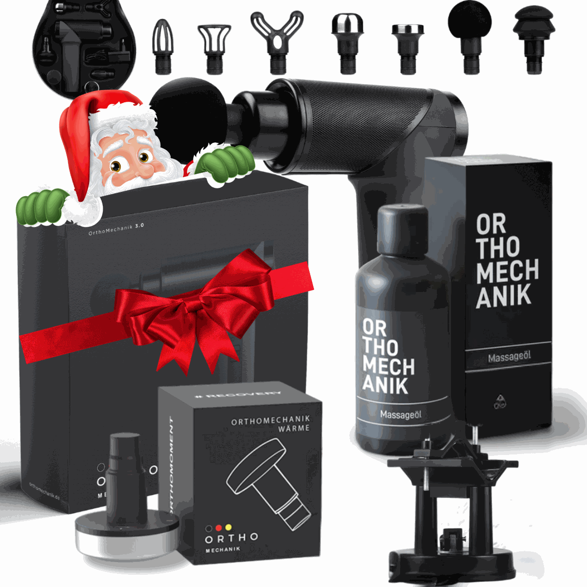 OrthoMechanik 3.0 Weihnachtsedition massage set with accessories and festive packaging.