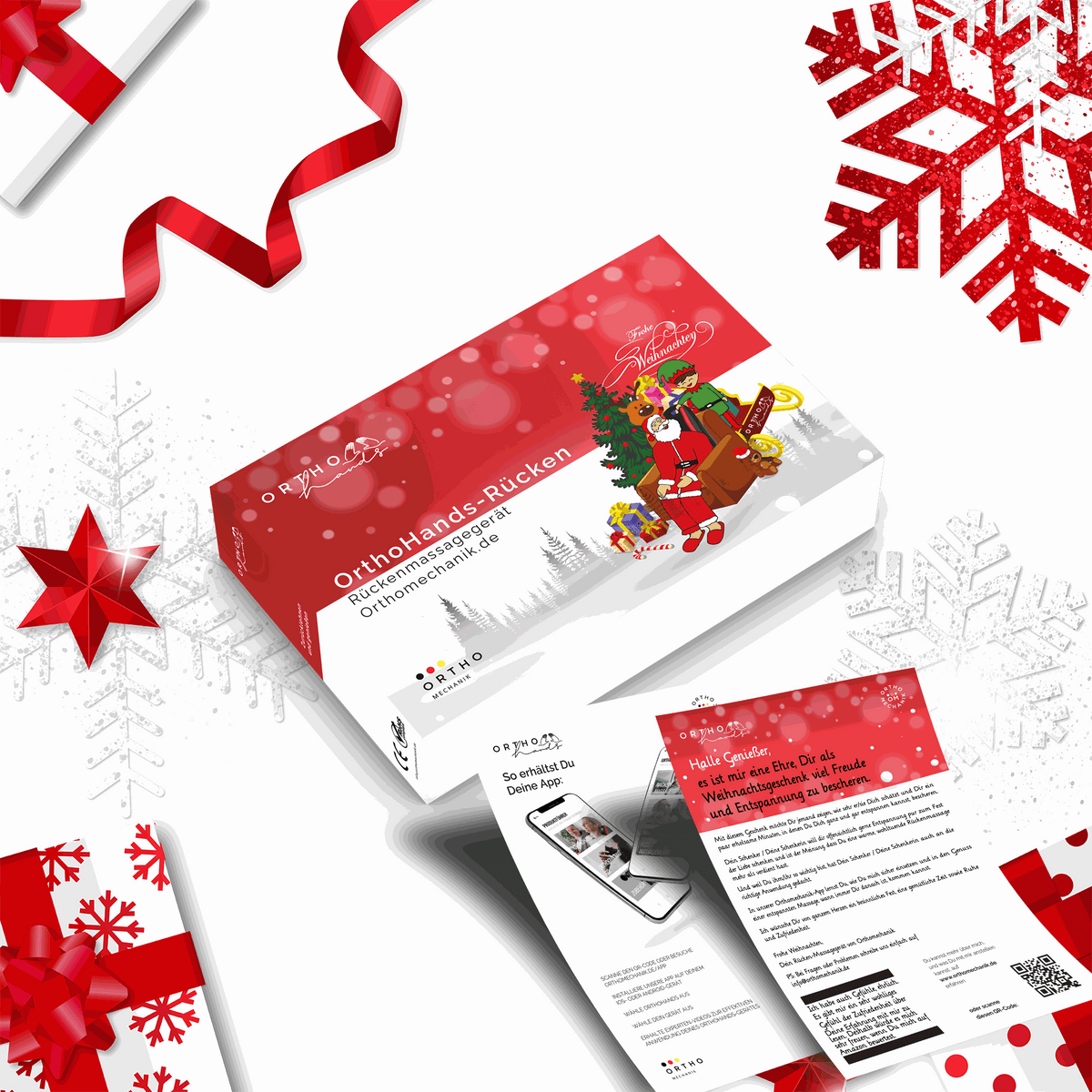 Weihnachtsgeschenk: OrthoMechanik Rücken-Massagegerät OrthoHands Verpackung.