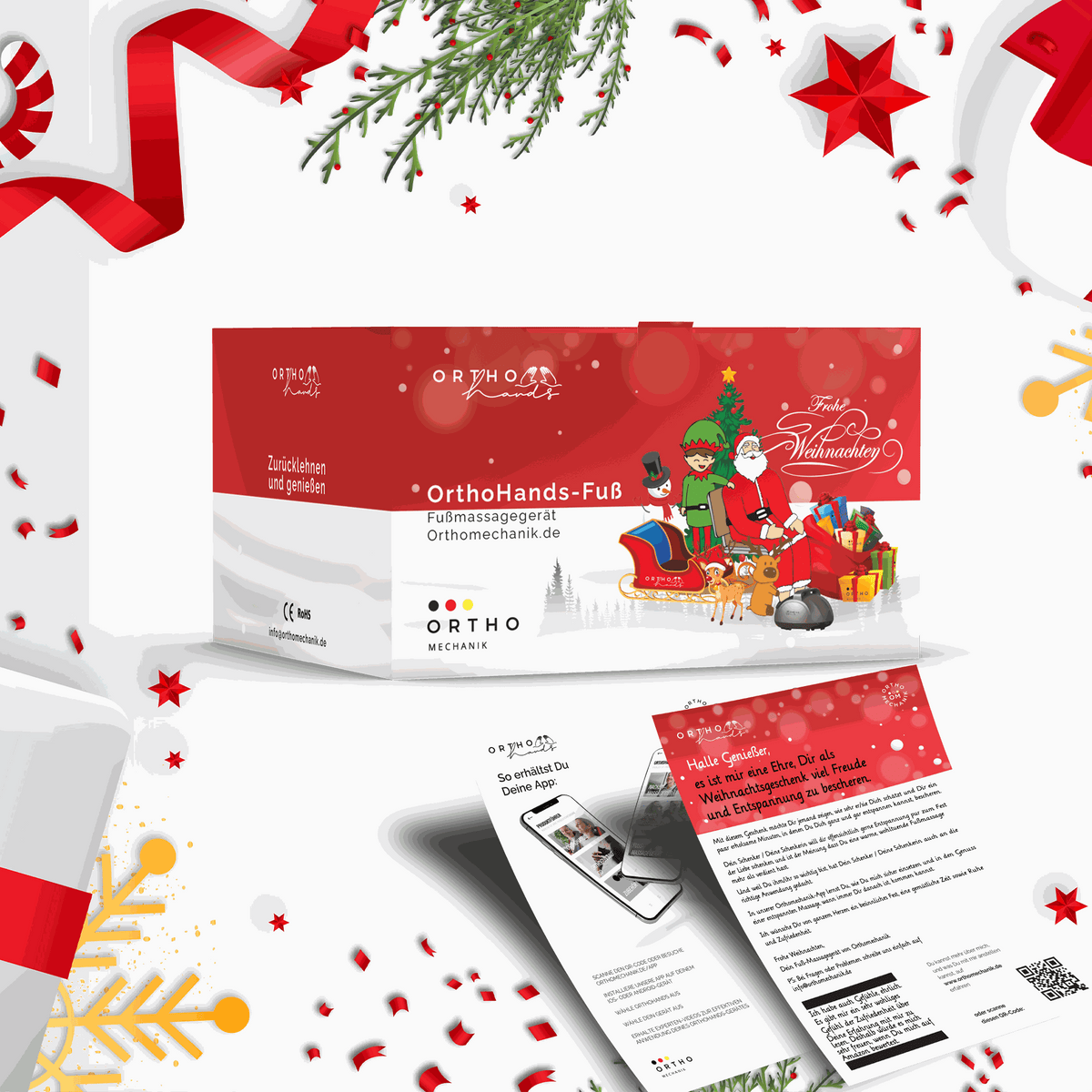 Weihnachtsgeschenk Fuß-Massagegerät OrthoHands von OrthoMechanik Verpackung Design.