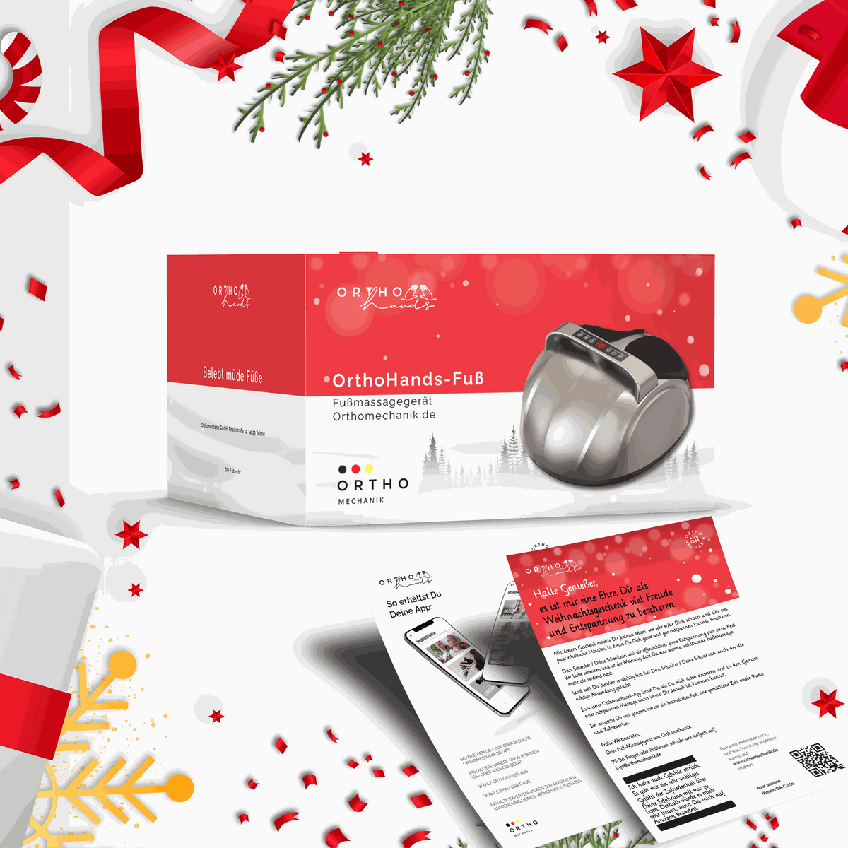 Weihnachtsgeschenk Fuß-Massagegerät OrthoHands von OrthoMechanik Verpackung und Broschüre.
