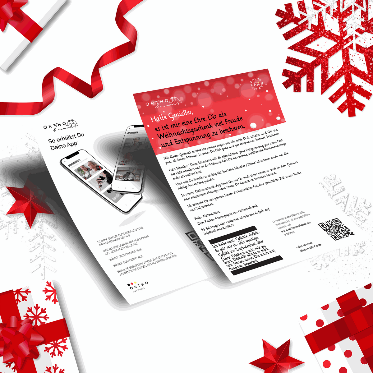 Weihnachtsgeschenk-Rücken-Massagegerät-Flyer mit Schneeflocken und Geschenken.