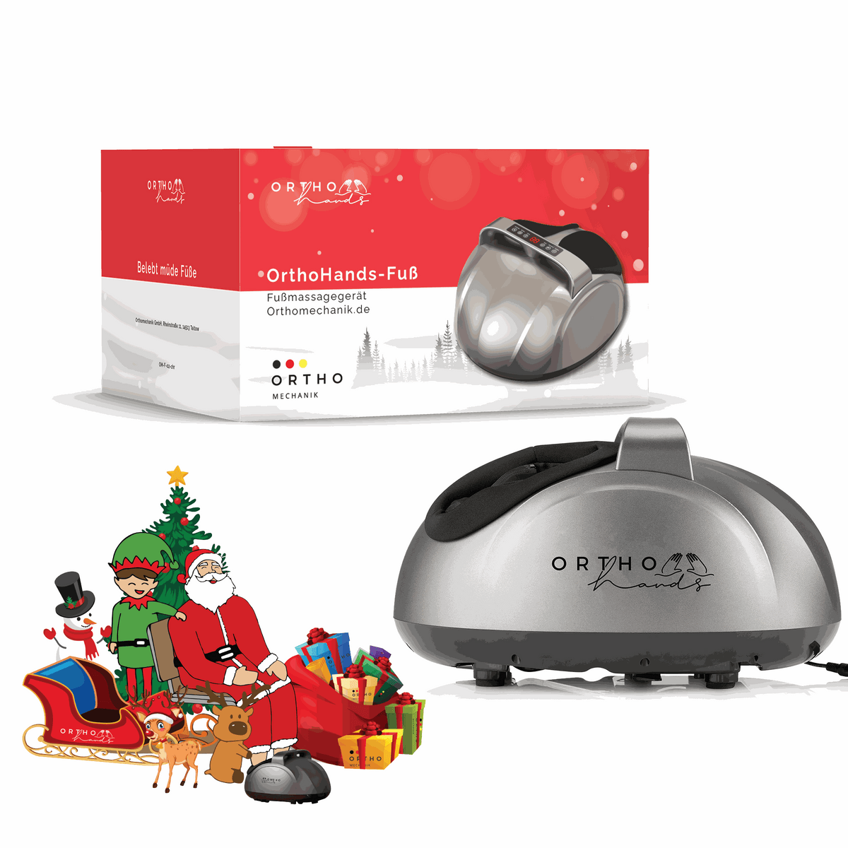 Weihnachtsgeschenk Fuß-Massagegerät OrthoHands von OrthoMechanik in Verpackung.