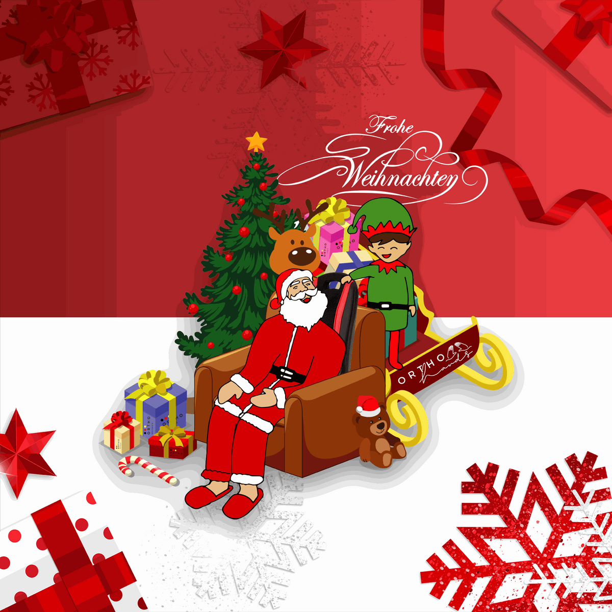 Weihnachtsgeschenk Rücken-Massagegerät von OrthoMechanik OrthoHands mit festlicher Dekoration und Weihnachtsmann.