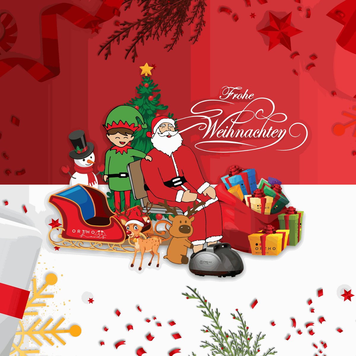Weihnachtsgeschenk Fuß-Massagegerät OrthoMechanik OrthoHands mit Weihnachtsmotiv.