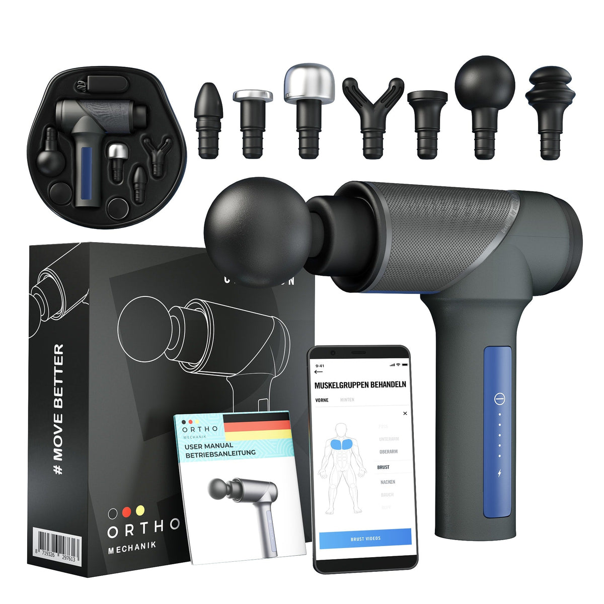 OrthoGun 2.0 Massagepistole mit Zubehör, leistungsstarker Motor, 6 Aufsätze, tragbar, ideal für Sportler und Trainer.