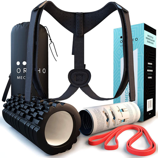 Orthomechanik Haltungskorrekturset with trainer, fascia roller, OrthoBand, and accessories for effective posture correction.